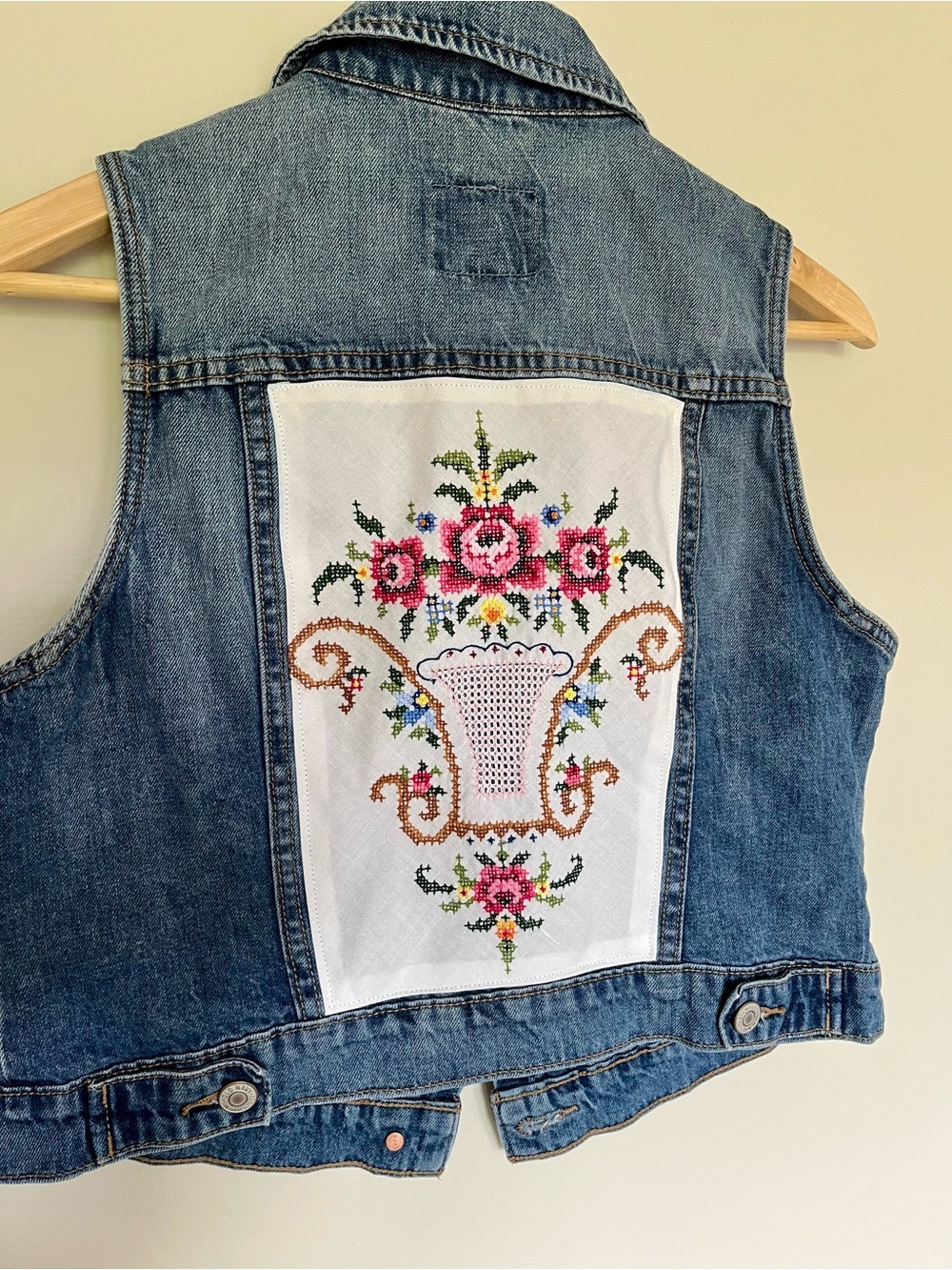 Denim vest with vintage cross stitch details - Picture 1 of 5
